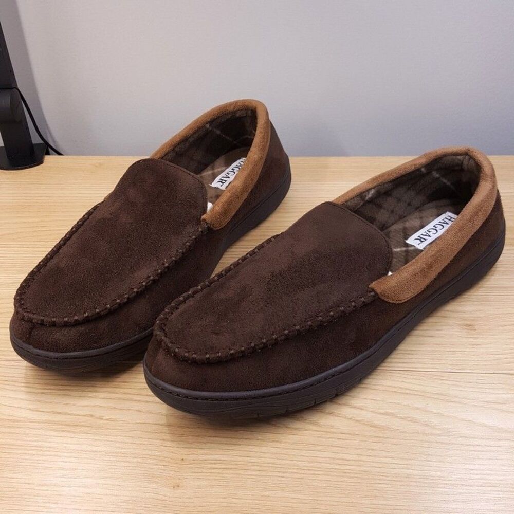 HAGGAR Slippers Mens Size 13 14 Brown Slip On Plush Lined Memory Foam